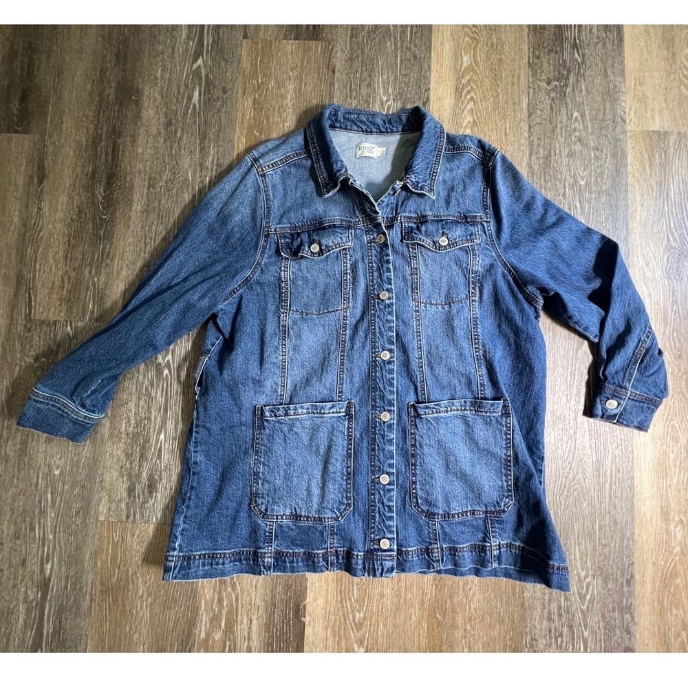 Terra & Sky Denim Jacket Womens 1X Blue Longline Utility Chore Coat Button Up